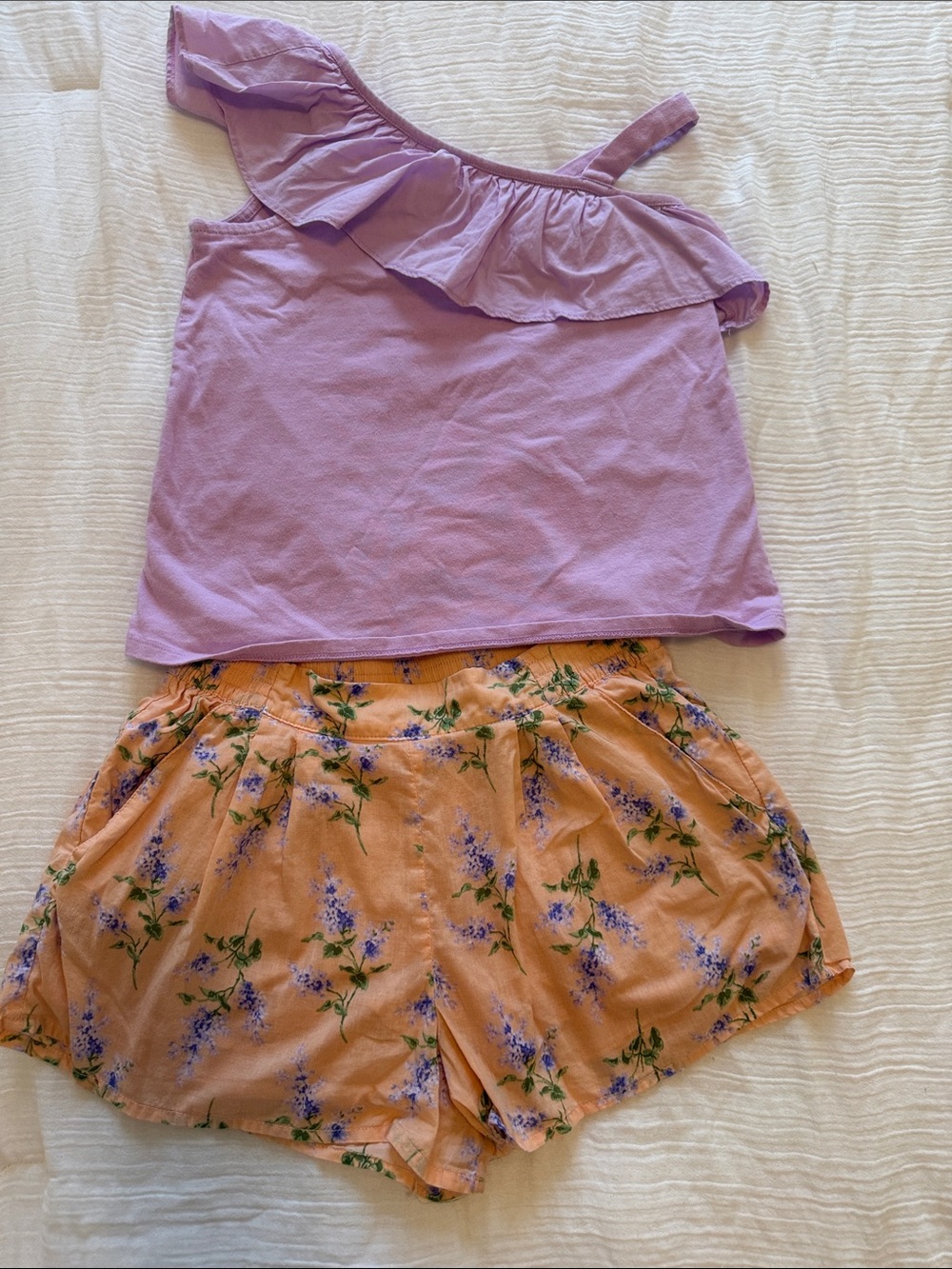 Janie & Jack Lilac Ruffle One-Shoulder Tank with Peach Floral Shorts Set size 8